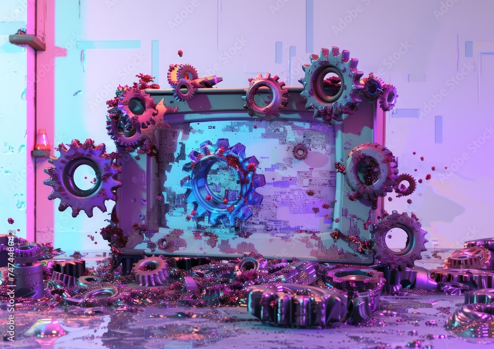 Poster html file a screen on white with gears around it, in the style of violet and bronze, toy style, angu