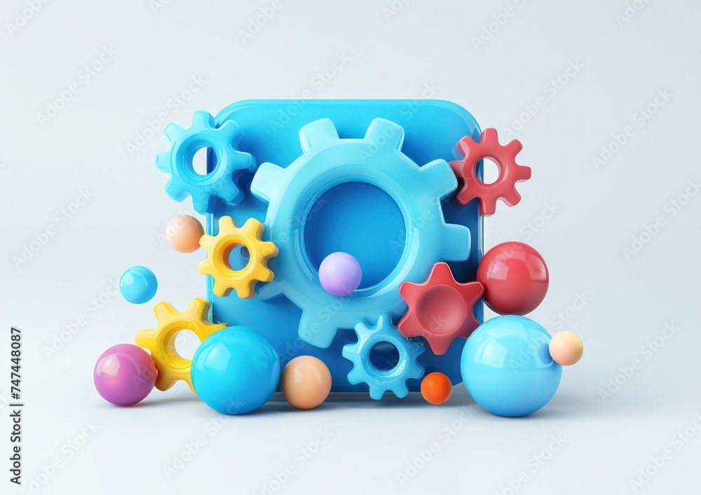 Poster 3d color rounded square button with gears isolated white background, playful and colourful and bubbl