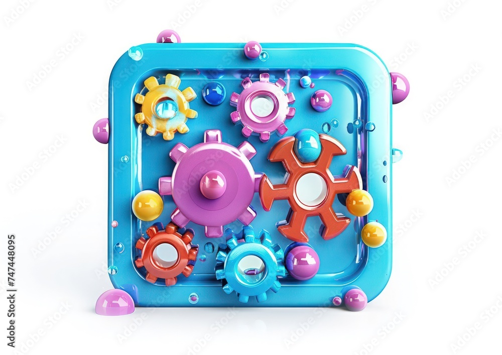 Poster 3d color rounded square button with gears isolated white background, playful and colourful and bubbl