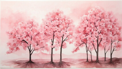 Watercolor cherry blossom trees in full bloom against a soft pink sky. Springtime artwork