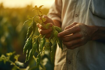 Fototapeta premium A man holding a plant, suitable for environmental concepts