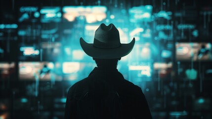 Ethical hacker wearing a white cowboy hat in a dark room illuminated by multiple screens displaying code, symbolizing cybersecurity and data protection.