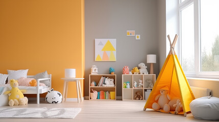 Jasny przytulny pokój dziecka w stylu boho mockup na obraz - dekoracje na ścianie. Szare i żółte kolory wnętrza. Render 3d. Wizualizacja	
