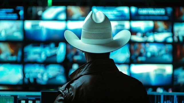 Ethical hacker wearing a white cowboy hat in a dark room illuminated by multiple screens displaying code, symbolizing cybersecurity and data protection.