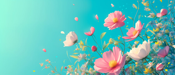 Fototapeta na wymiar Cosmos flowers over bright blue sky background. Summer floral template with empty copy space for text.