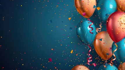 Vibrant image of balloons and confetti on a blue background, perfect for celebrations and parties