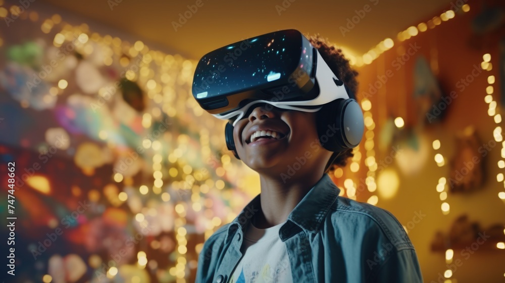 Poster a young boy using virtual reality technology. suitable for technology and education concepts