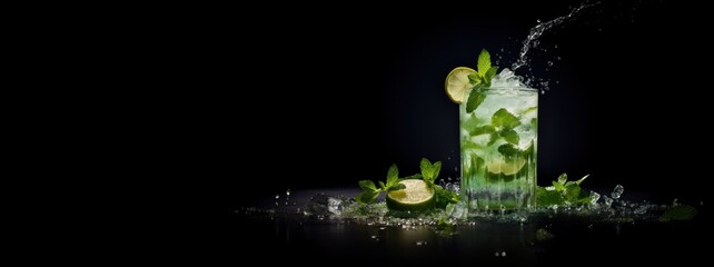 Mojito cocktail with lime, lemon, fresh mint, ice and splashes of water on the black background. A glass of citrus lemonade on the dark backdrop with copy space. 