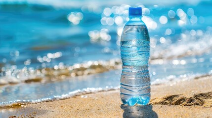 Beachside refreshment: Plastic bottle on wet sand by the sea, offering seaside hydration. Ideal for stock images promoting coastal living and outdoor leisure. Space for text
