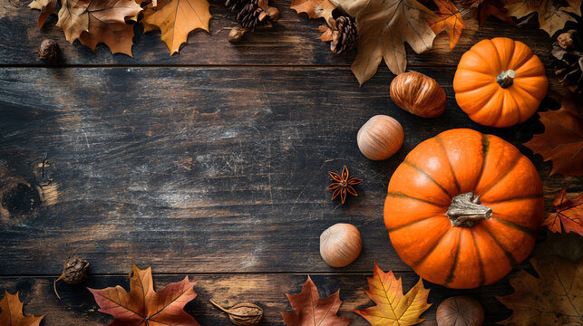 Autumn-themed background with pumpkins, nuts, and leaves on a rustic wooden surface.