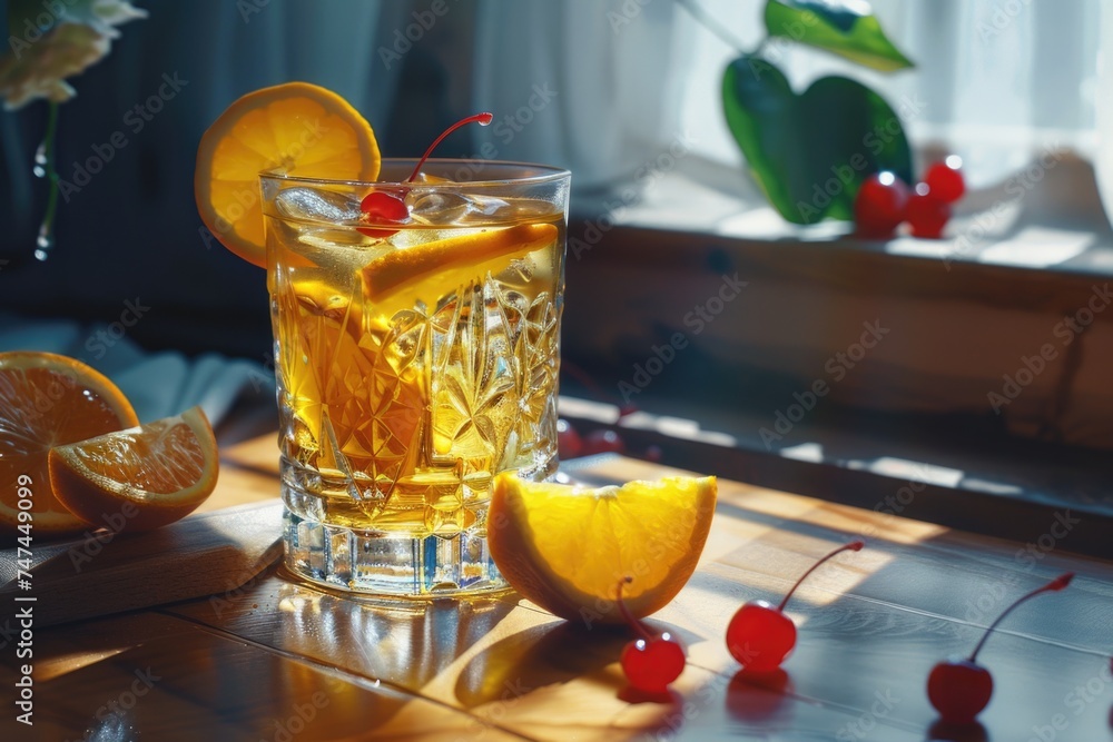 Poster a glass filled with a drink on a wooden table. suitable for various concepts