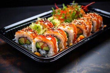 Natural light close-up photography of a delicious sushi on a plastic tray against a painted brick background. AI Generation - obrazy, fototapety, plakaty