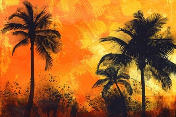 A beautiful painting of two palm trees against a colorful sunset sky. Ideal for travel brochures or tropical-themed designs