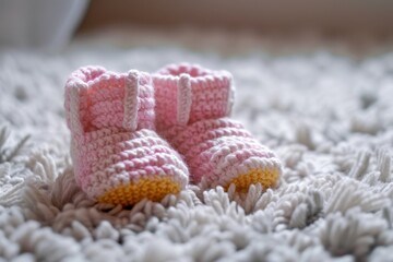 Fototapeta na wymiar knitted children's shoes made of natural wool, handmade. Warmth and comfort for newborns