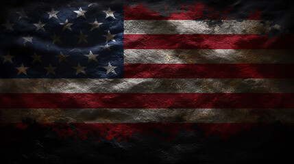 Vintage American flag on a dark, grungy background with dramatic lighting.
