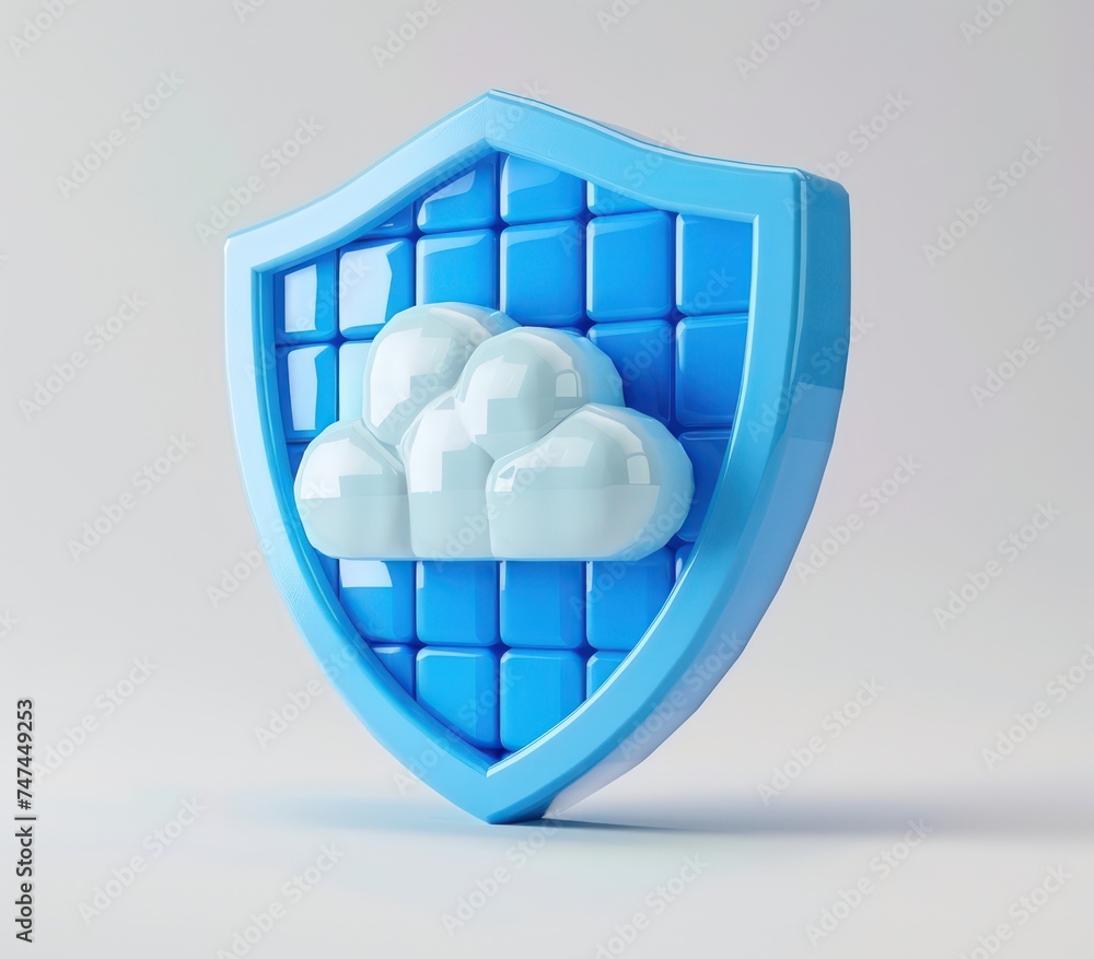 Poster shield 3d object on white background with cloud in it,a 3d rendered blue rounded square button, play