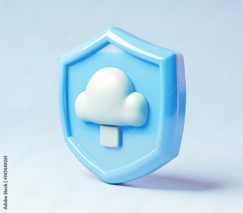 Poster shield 3d object on white background with cloud in it,a 3d rendered blue rounded square button, play