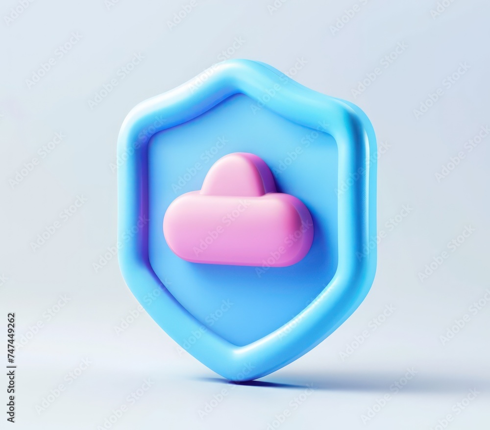 Poster shield 3d object on white background with cloud in it,a 3d rendered blue rounded square button, play