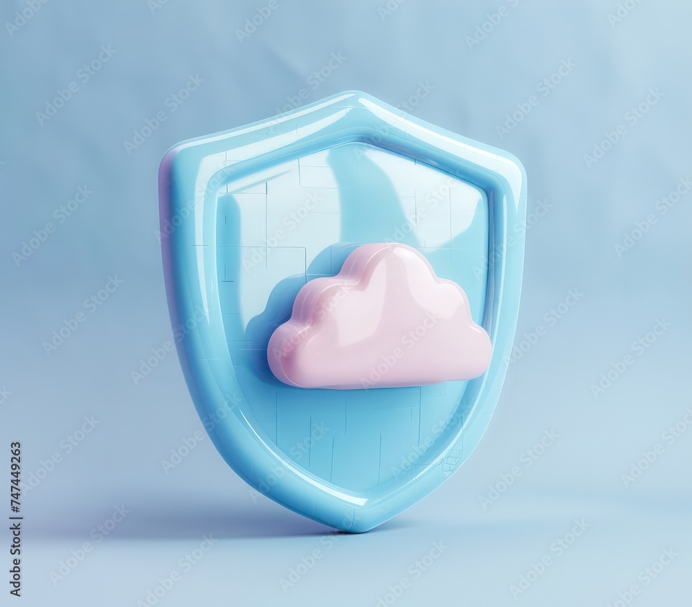 Poster shield 3d object on white background with cloud in it,a 3d rendered blue rounded square button, play