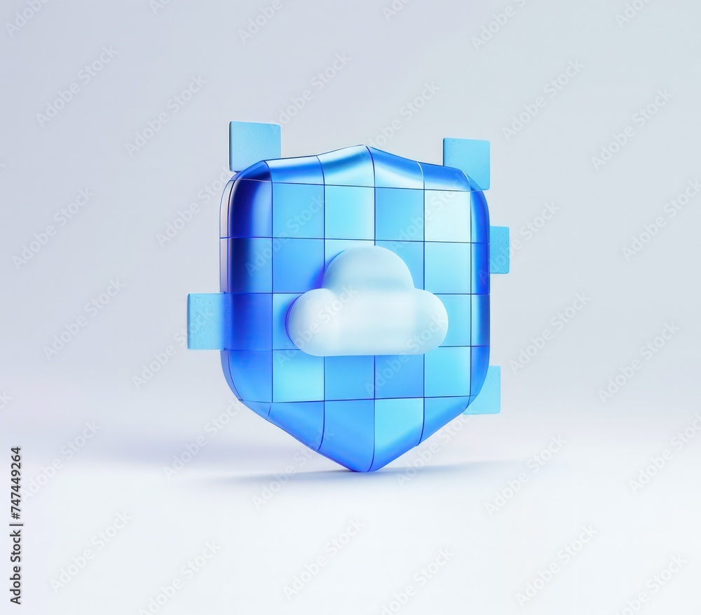 Poster shield 3d object on white background with cloud in it,a 3d rendered blue rounded square button, play