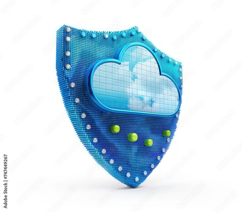 Poster shield 3d object on white background with cloud in it,a 3d rendered blue rounded square button, play