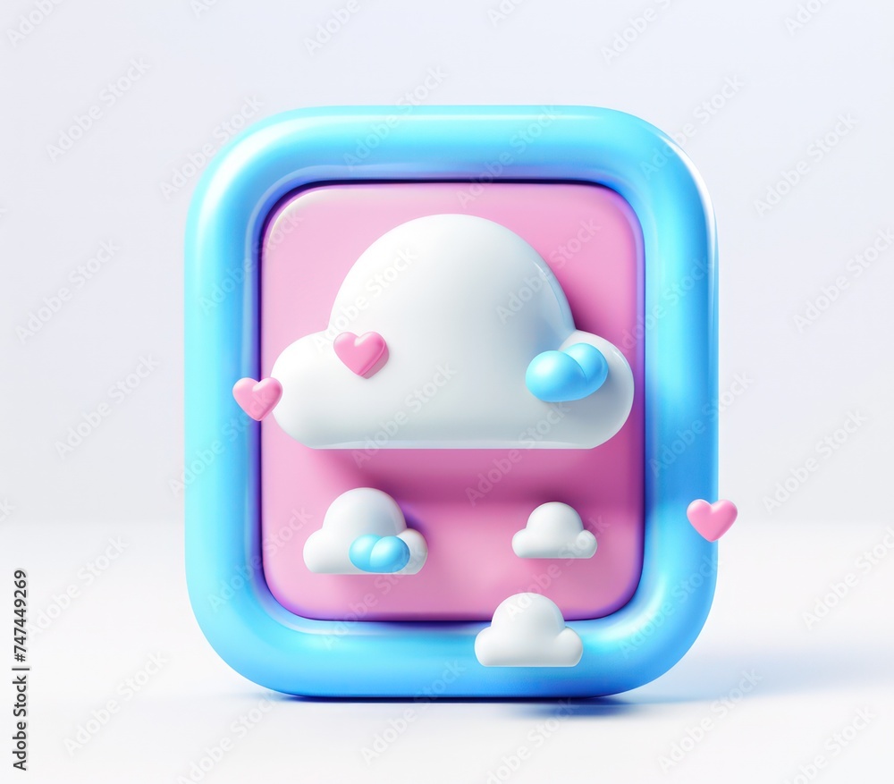 Poster shield 3d object on white background with cloud in it,a 3d rendered blue rounded square button, play