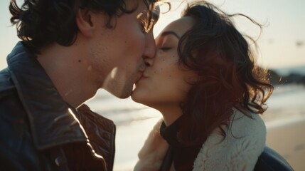 Romantic moment captured on a sandy beach, perfect for love-themed projects