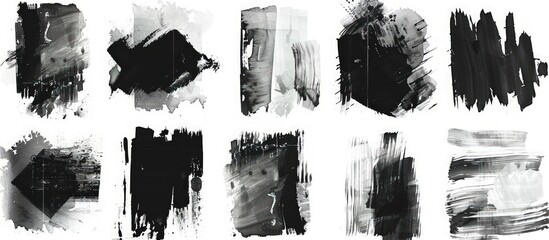 sets of different designs with paint on white background in the style of dark black and gray, pristine geometry, logo, multiple filter effect, emotive watercolors - obrazy, fototapety, plakaty