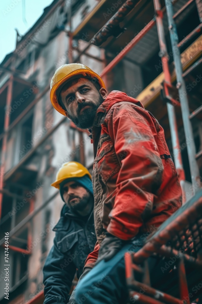 Poster Two construction workers standing on a scaffolding in front of a building. Ideal for construction industry concepts
