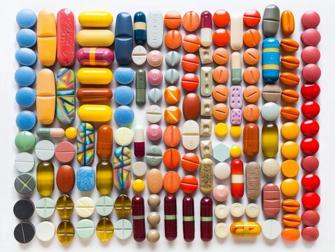 Vibrant array of pills and capsules arranged meticulously