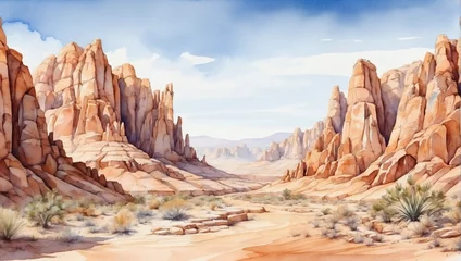 Poster Watercolor desert canyon landscape with towering rock formations and a clear sky. © xKas
