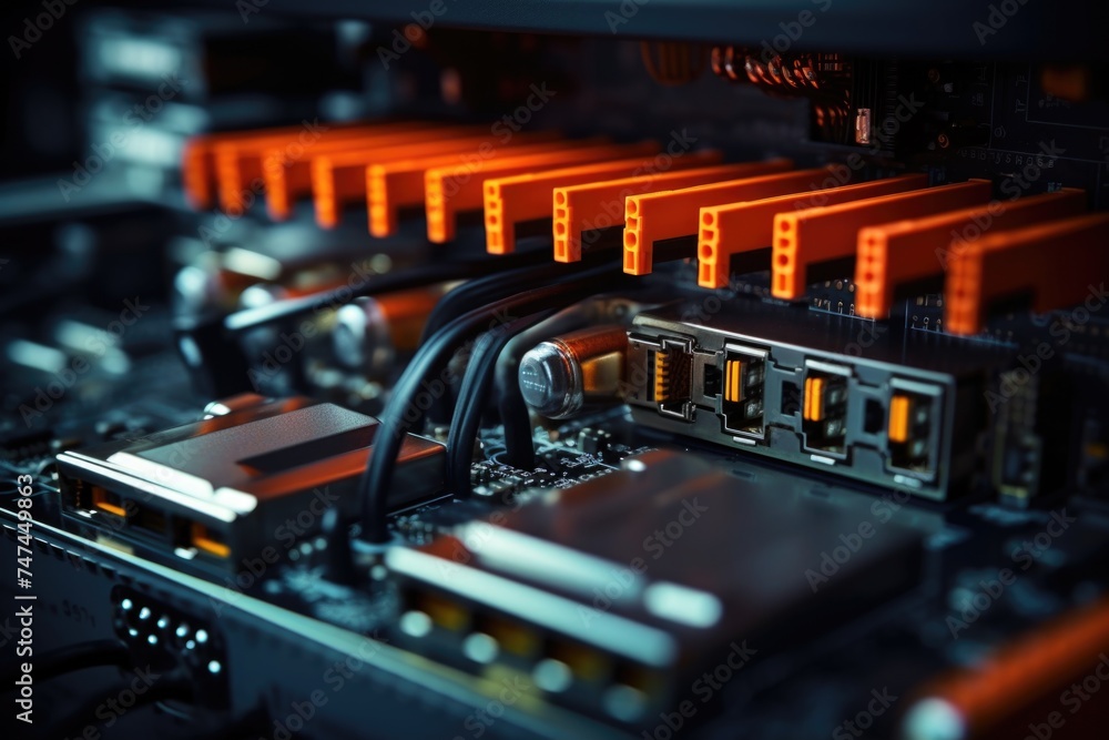Poster Detailed view of a computer motherboard. Perfect for technology concepts
