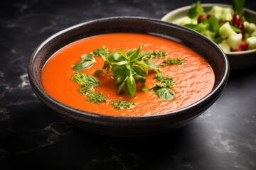 Highly detailed close-up photography of a tasty gazpacho on a slate plate against a painted brick background. AI Generation