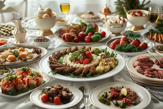 A table displaying a variety of food items. Suitable for food blogs and restaurant menus