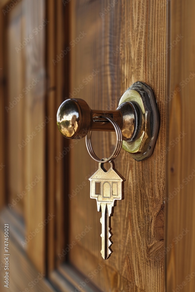 Poster A door handle with a key attached. Suitable for security and access concepts