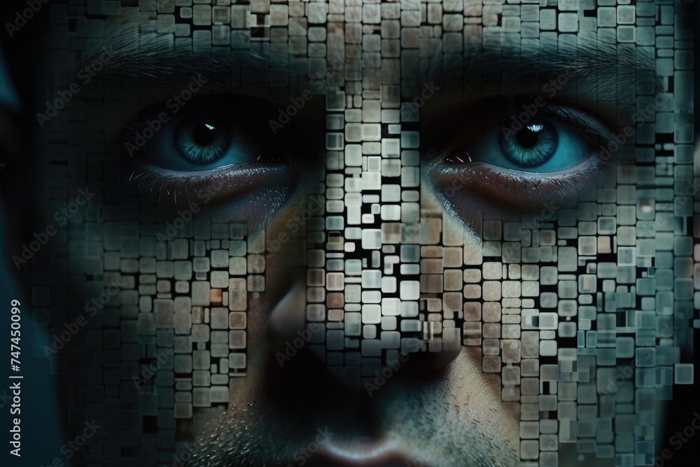 Poster close up of a person's face with squares, suitable for technology concepts