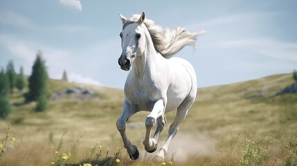 A majestic white horse galloping through a lush green field. Suitable for various outdoor and nature themes