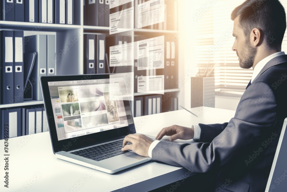 Poster A man sitting at a desk using a laptop computer. Suitable for business and technology concepts