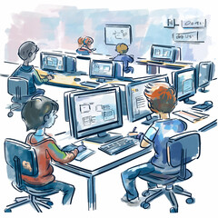 cartoon students using computer