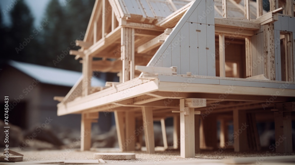 Poster wooden model of a house being built, ideal for construction and architecture concepts