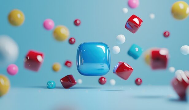 3d animation & video production,a 3d rendered blue rounded square button, playful