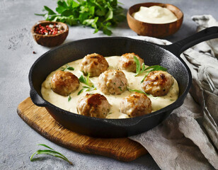 Swedish meatballs with cream sauce in a skillet.