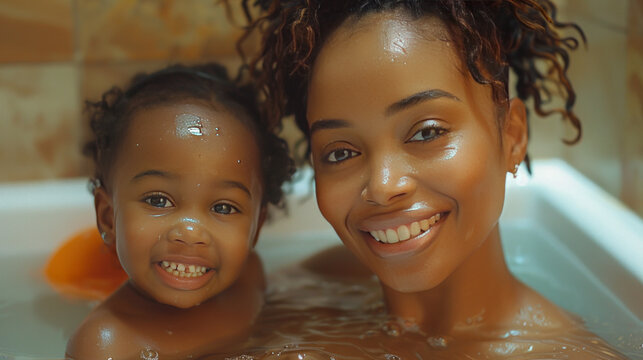 crazy young black woman and her toddler having fun in the bathroom. close up shot, enteratinment. free time, lifestyle.generative ai