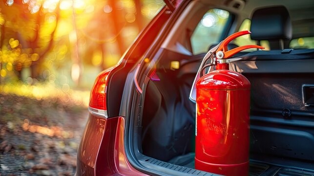Fototapeta Road safety essentials: Red fire extinguisher in the trunk with space for text, emphasizing car safety and emergency preparedness.