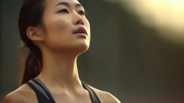 A relaxed Asian female athlete with a pensive expression and a blurry background of volleyed shots and strokes