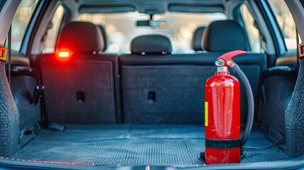 Fototapeta premium Road safety essentials: Red fire extinguisher in the trunk with space for text, emphasizing car safety and emergency preparedness.