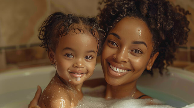 crazy young black woman and her toddler having fun in the bathroom. close up shot, enteratinment. free time, lifestyle.generative ai