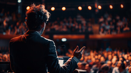 speaker at a conference viewed from behind, gesturing with his hand to an audience in a lecture hall, illuminated by the warm ambient lighting of the venue.