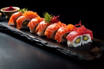 Highly detailed close-up photography of a tempting sushi on a wooden board against a black slate background. AI Generation