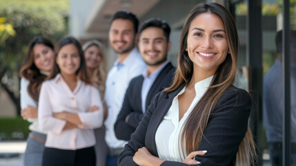 confident businesswoman stands in the foreground with a group of professional colleagues lined up behind her